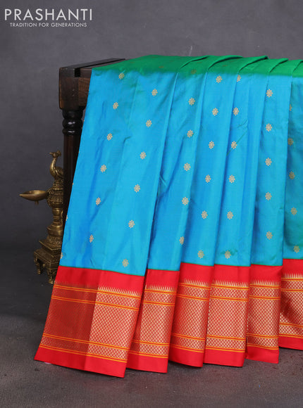Pure paithani silk saree dual shade of teal bluish green and red with allover zari woven buttas and paithani weaving pallu