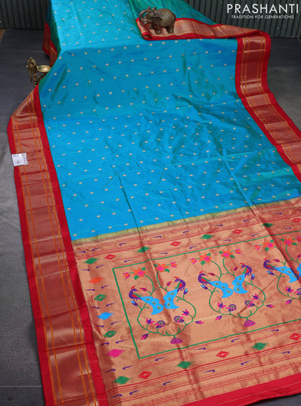 Pure paithani silk saree dual shade of teal bluish green and red with allover zari woven buttas and paithani weaving pallu