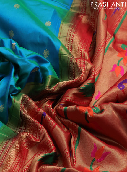 Pure paithani silk saree dual shade of teal bluish green and red with allover zari woven buttas and paithani weaving pallu