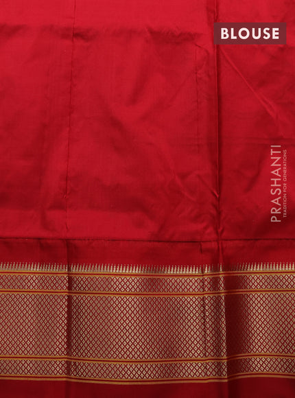 Pure paithani silk saree dual shade of teal bluish green and red with allover zari woven buttas and paithani weaving pallu