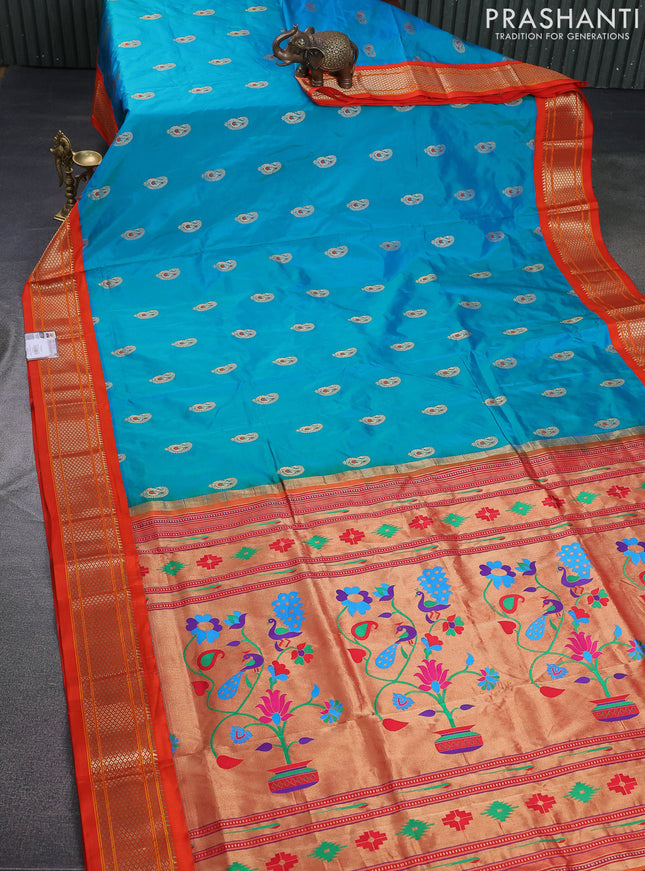 Pure paithani silk saree dual shade of teal bluish green and orange with paisley zari woven buttas and paithani weaving pallu