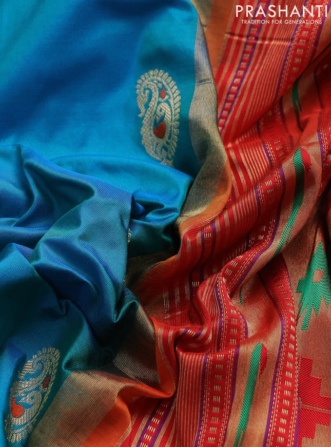 Pure paithani silk saree dual shade of teal bluish green and orange with paisley zari woven buttas and paithani weaving pallu