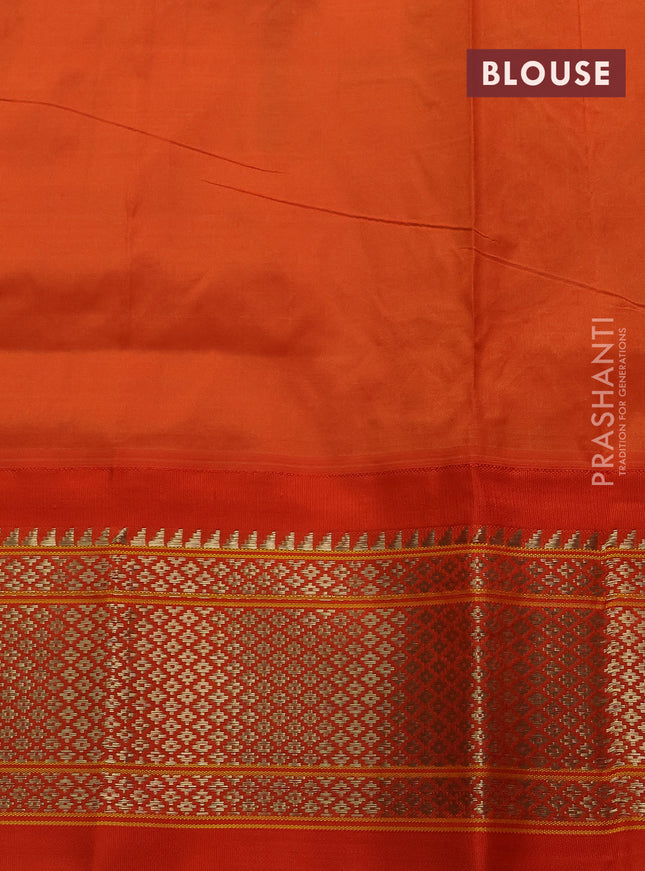 Pure paithani silk saree dual shade of teal bluish green and orange with paisley zari woven buttas and paithani weaving pallu
