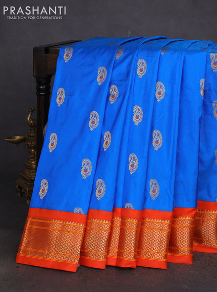 Pure paithani silk saree cs blue and orange with paisley zari woven buttas and paithani weaving pallu