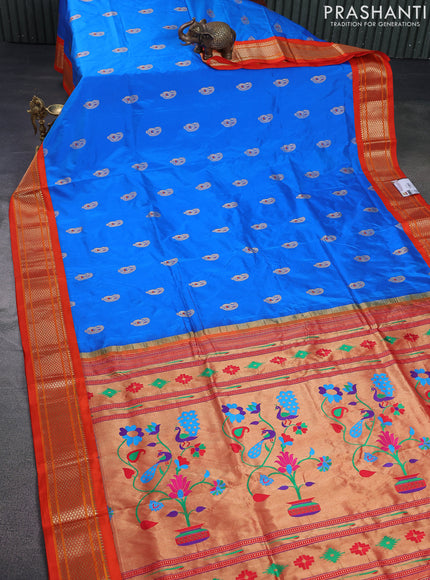 Pure paithani silk saree cs blue and orange with paisley zari woven buttas and paithani weaving pallu