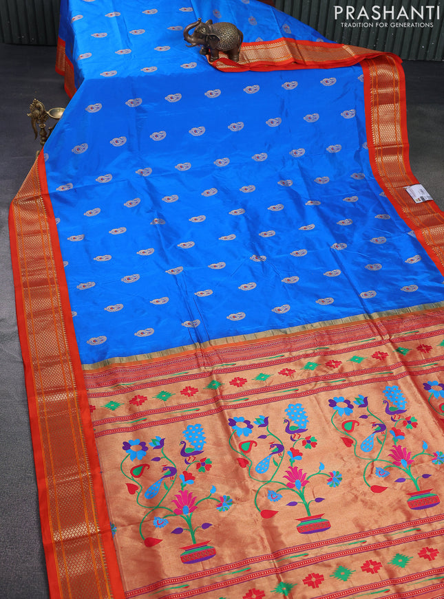 Pure paithani silk saree cs blue and orange with paisley zari woven buttas and paithani weaving pallu
