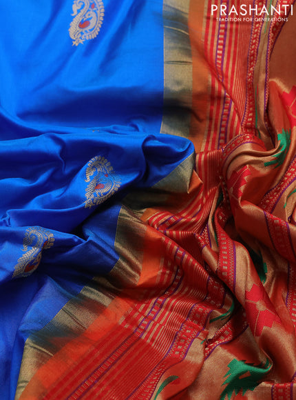 Pure paithani silk saree cs blue and orange with paisley zari woven buttas and paithani weaving pallu