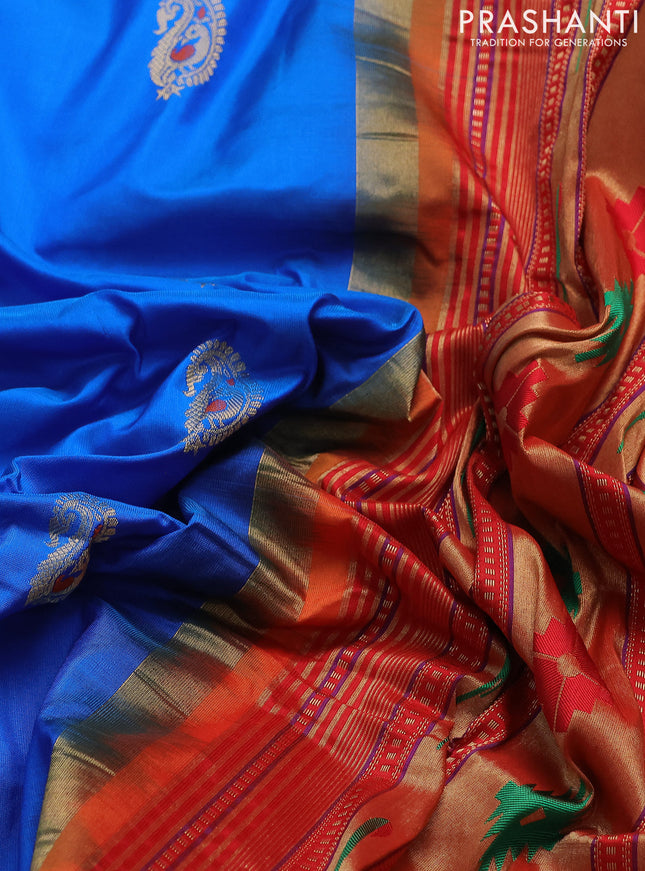 Pure paithani silk saree cs blue and orange with paisley zari woven buttas and paithani weaving pallu