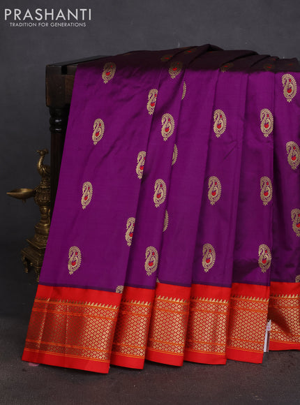 Pure paithani silk saree purple and red with paisley zari woven buttas and paithani weaving pallu