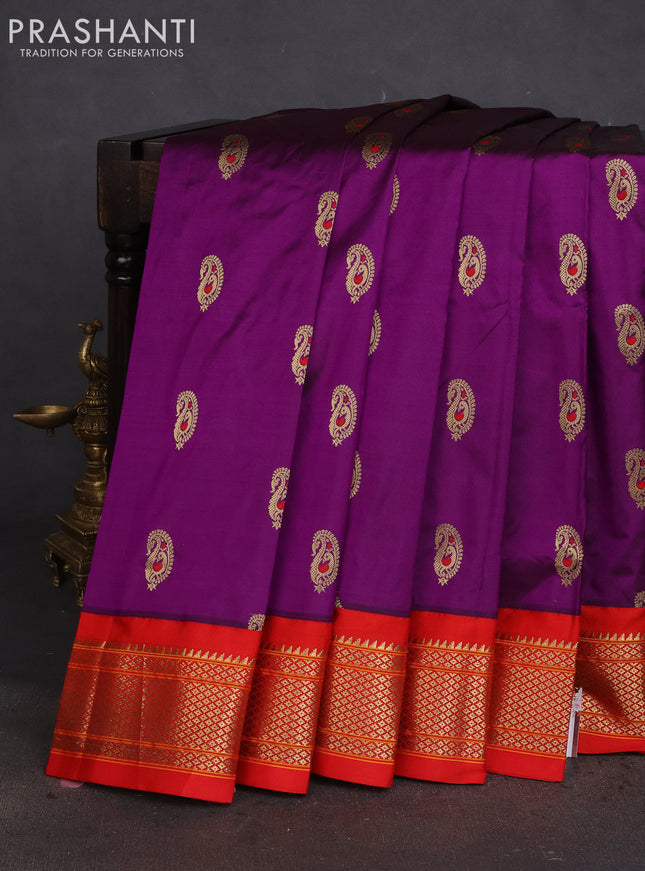 Pure paithani silk saree purple and red with paisley zari woven buttas and paithani weaving pallu