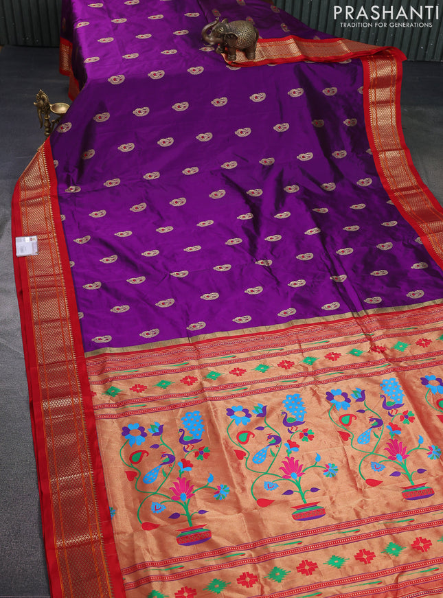 Pure paithani silk saree purple and red with paisley zari woven buttas and paithani weaving pallu