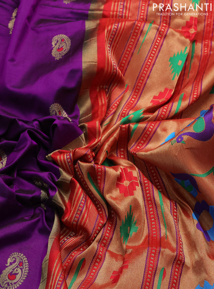 Pure paithani silk saree purple and red with paisley zari woven buttas and paithani weaving pallu