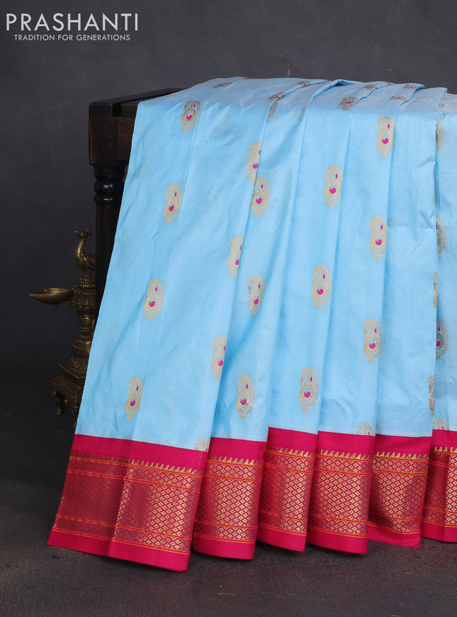 Pure paithani silk saree light blue and pink with paisley zari woven buttas and paithani weaving pallu
