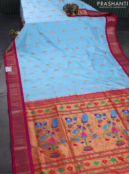 Pure paithani silk saree light blue and pink with paisley zari woven buttas and paithani weaving pallu