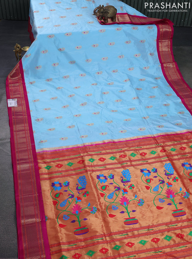 Pure paithani silk saree light blue and pink with paisley zari woven buttas and paithani weaving pallu