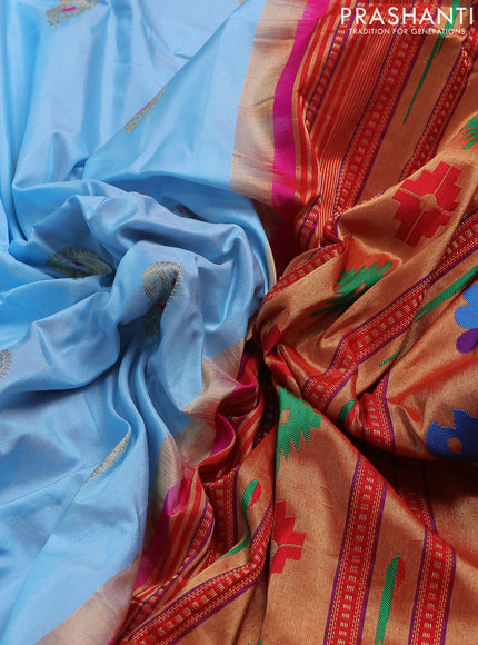 Pure paithani silk saree light blue and pink with paisley zari woven buttas and paithani weaving pallu