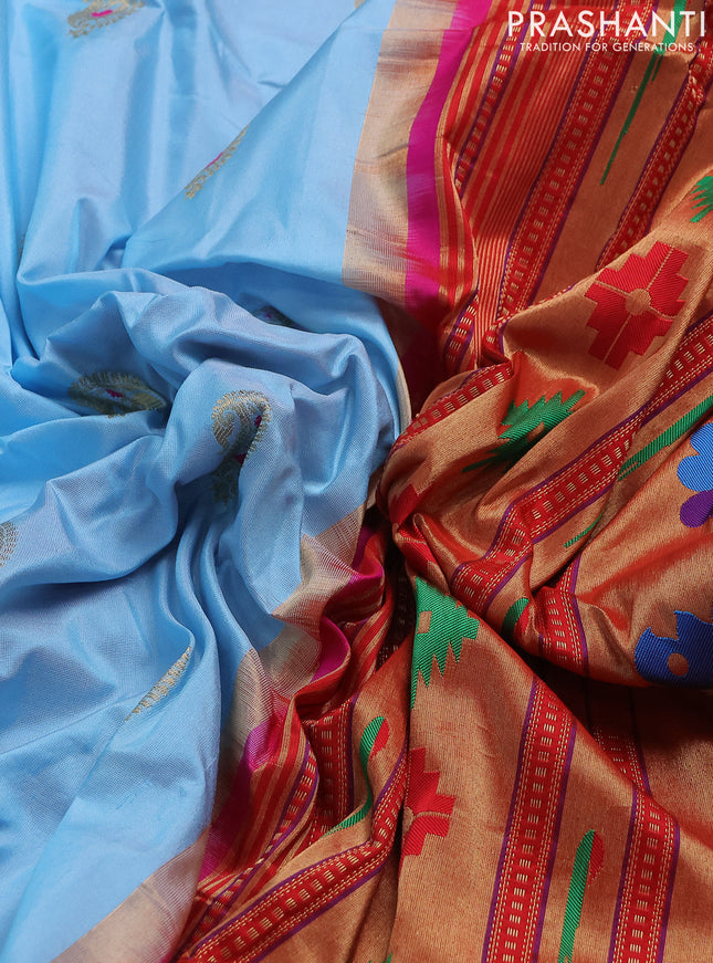 Pure paithani silk saree light blue and pink with paisley zari woven buttas and paithani weaving pallu