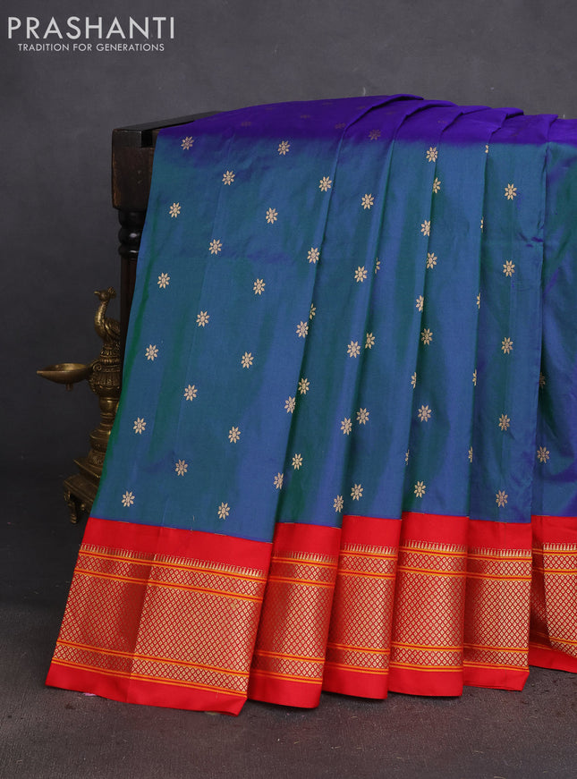 Pure paithani silk saree dual shade of bluish green and red with allover zari woven buttas and paithani weaving pallu