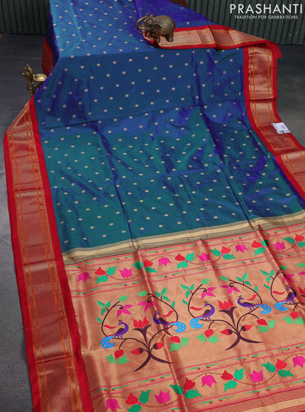 Pure paithani silk saree dual shade of bluish green and red with allover zari woven buttas and paithani weaving pallu