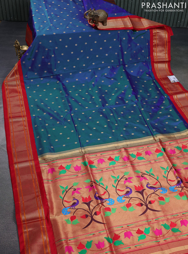 Pure paithani silk saree dual shade of bluish green and red with allover zari woven buttas and paithani weaving pallu