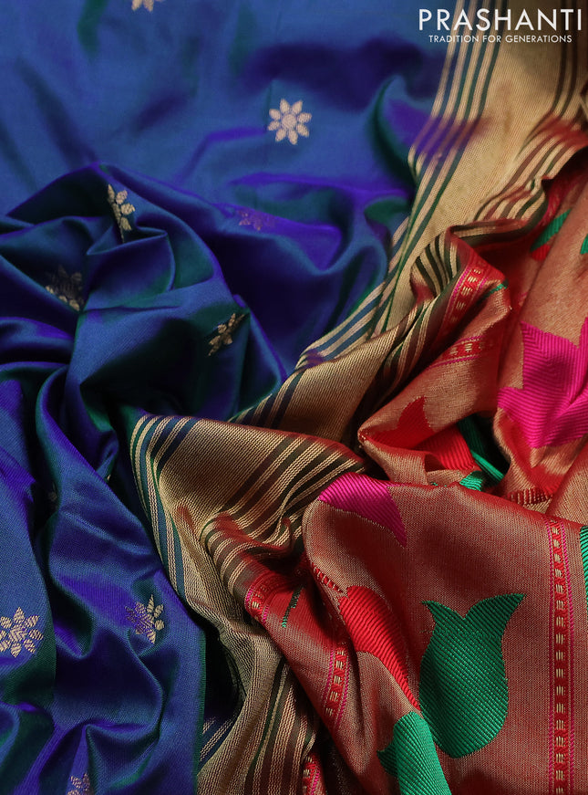 Pure paithani silk saree dual shade of bluish green and red with allover zari woven buttas and paithani weaving pallu