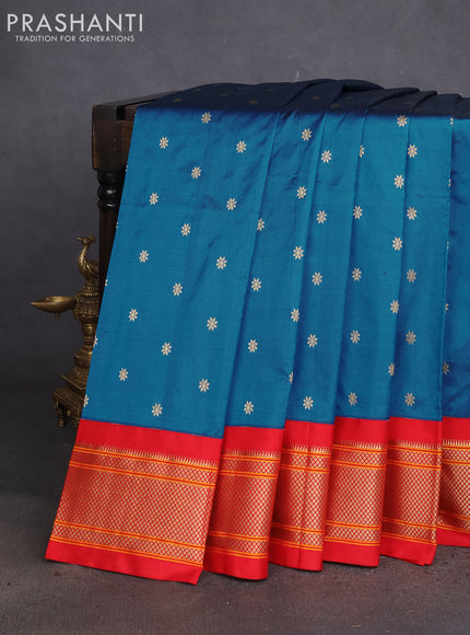 Pure paithani silk saree cs blue and red with allover zari woven buttas and paithani weaving pallu