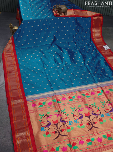 Pure paithani silk saree cs blue and red with allover zari woven buttas and paithani weaving pallu