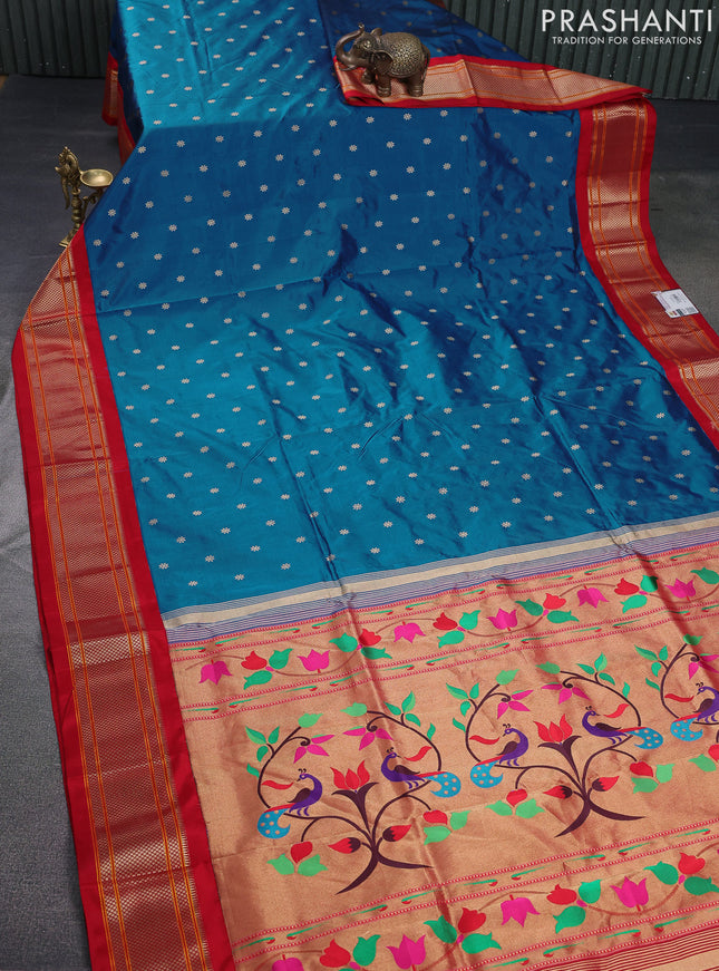 Pure paithani silk saree cs blue and red with allover zari woven buttas and paithani weaving pallu