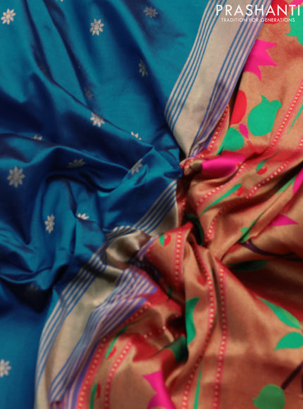 Pure paithani silk saree cs blue and red with allover zari woven buttas and paithani weaving pallu