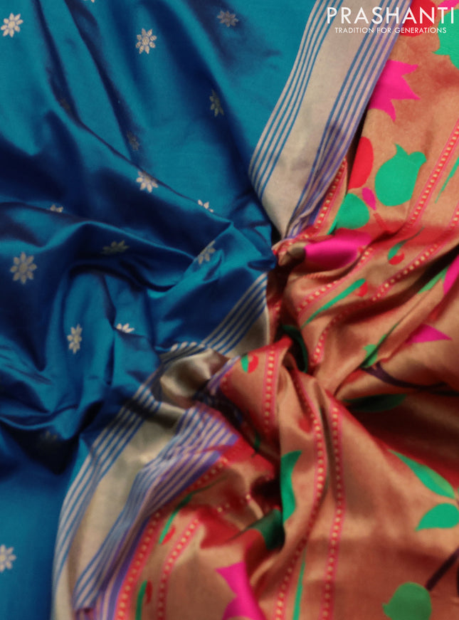 Pure paithani silk saree cs blue and red with allover zari woven buttas and paithani weaving pallu