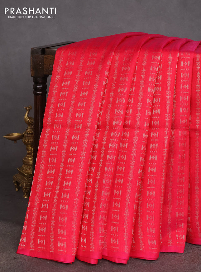 Pure raw silk saree dual shade of reddish pink and cream with allover silver zari weaves in borderless style