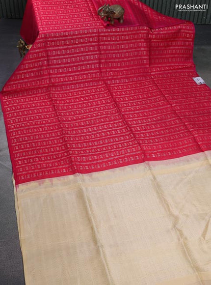 Pure raw silk saree dual shade of reddish pink and cream with allover silver zari weaves in borderless style