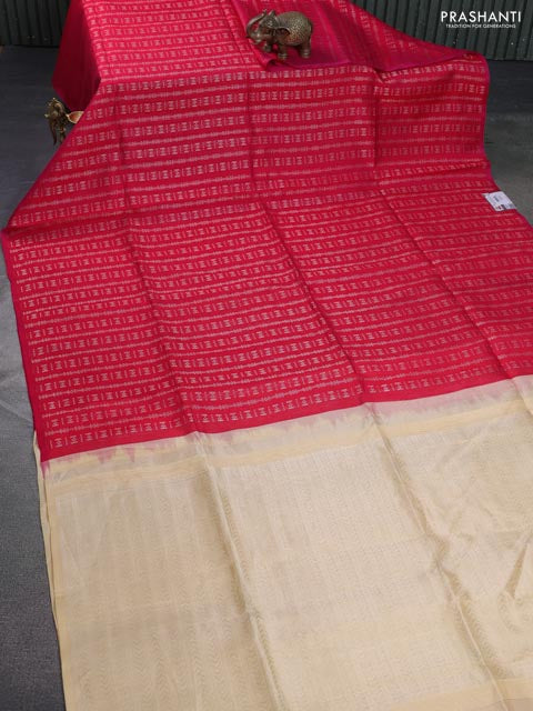 Pure raw silk saree dual shade of reddish pink and cream with allover silver zari weaves in borderless style