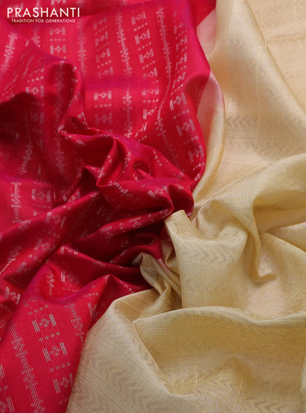 Pure raw silk saree dual shade of reddish pink and cream with allover silver zari weaves in borderless style