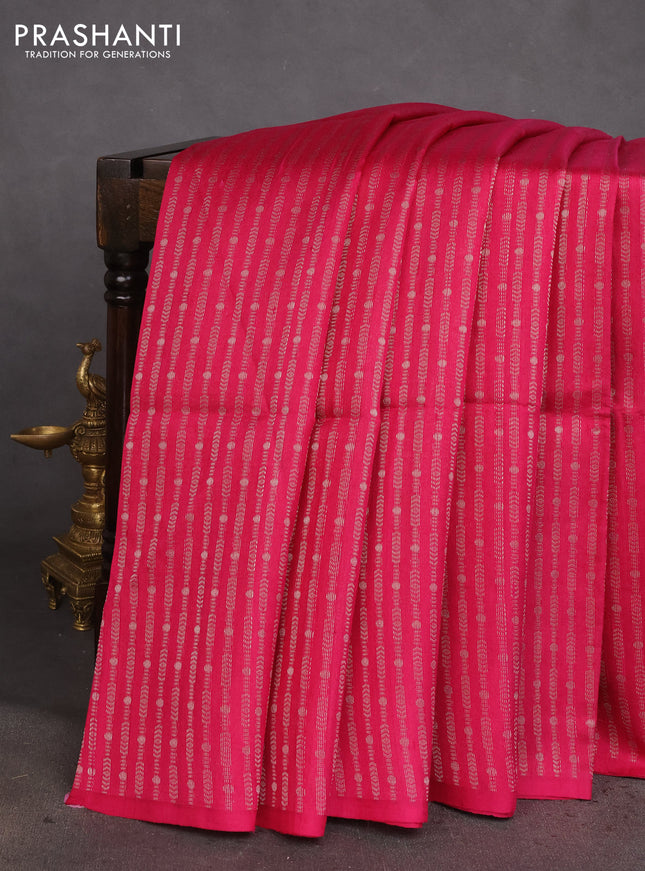 Pure raw silk saree dark magenta pink and blue with allover silver zari weaves in borderless style
