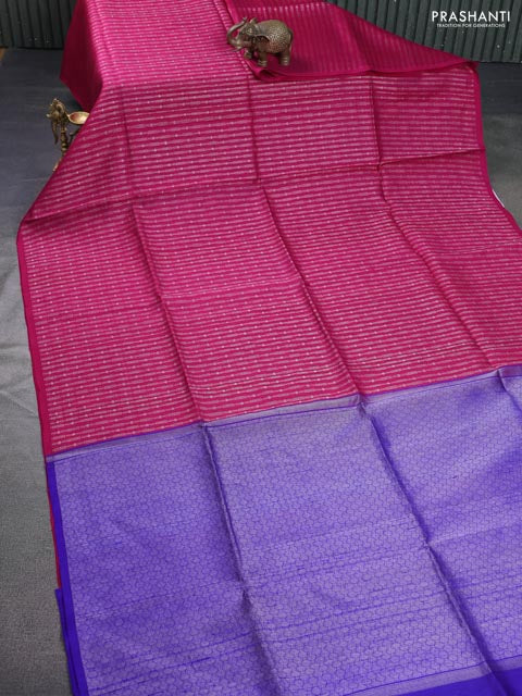 Pure raw silk saree dark magenta pink and blue with allover silver zari weaves in borderless style