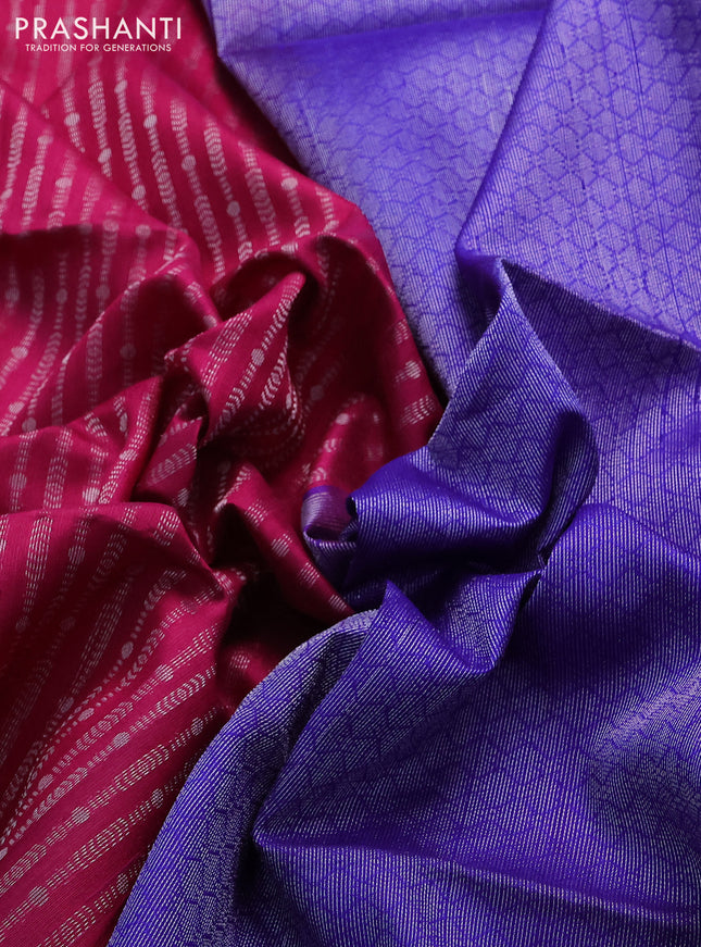 Pure raw silk saree dark magenta pink and blue with allover silver zari weaves in borderless style
