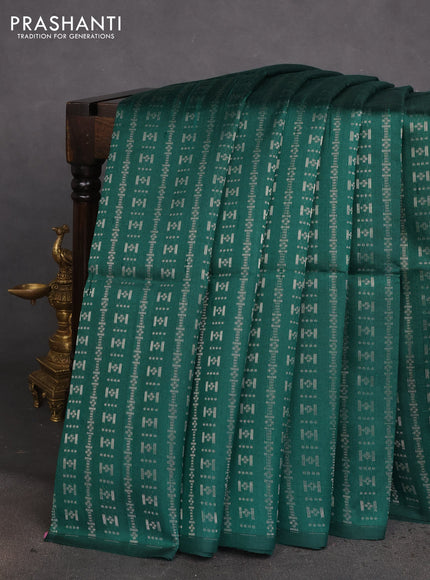Pure raw silk saree dark green and pink with allover silver zari weaves in borderless style