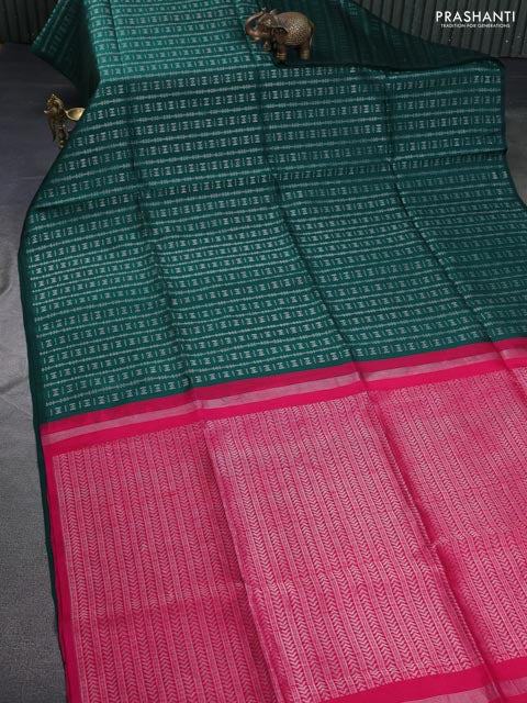 Pure raw silk saree dark green and pink with allover silver zari weaves in borderless style