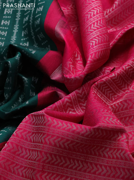 Pure raw silk saree dark green and pink with allover silver zari weaves in borderless style