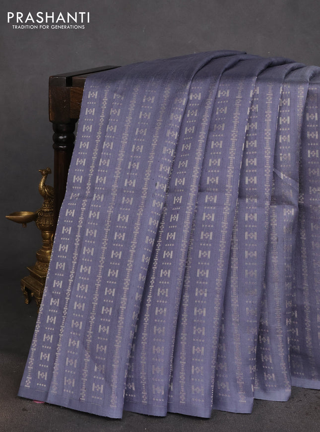 Pure raw silk saree grey and pink with allover silver zari weaves in borderless style