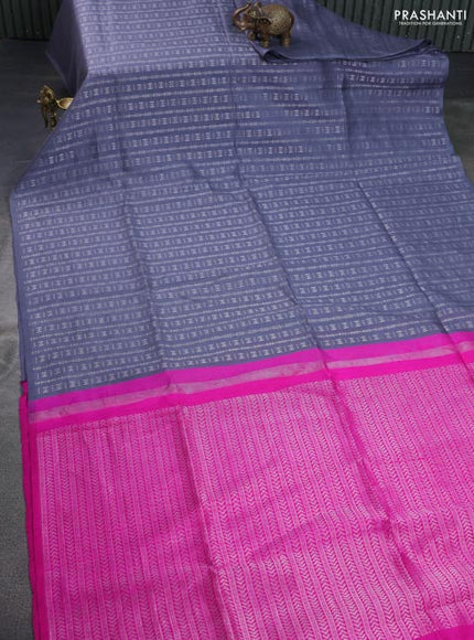 Pure raw silk saree grey and pink with allover silver zari weaves in borderless style