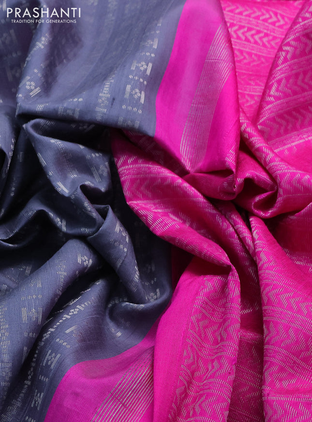 Pure raw silk saree grey and pink with allover silver zari weaves in borderless style