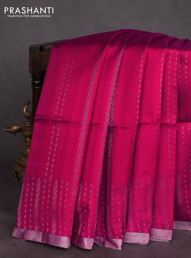 Pure raw silk saree pink and teal blue with allover silver zari weaves and zari woven border