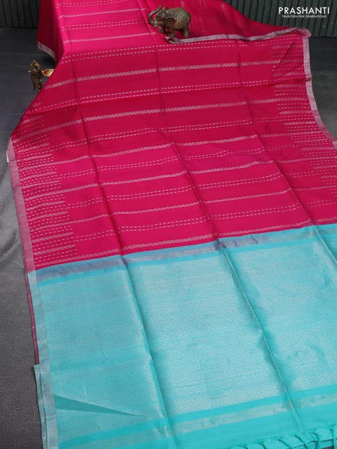 Pure raw silk saree pink and teal blue with allover silver zari weaves and zari woven border