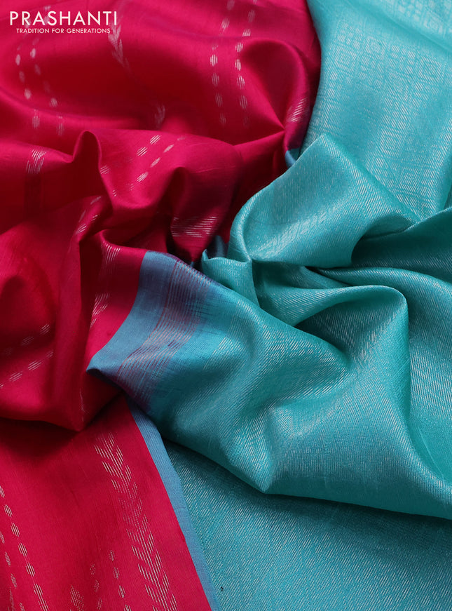 Pure raw silk saree pink and teal blue with allover silver zari weaves and zari woven border