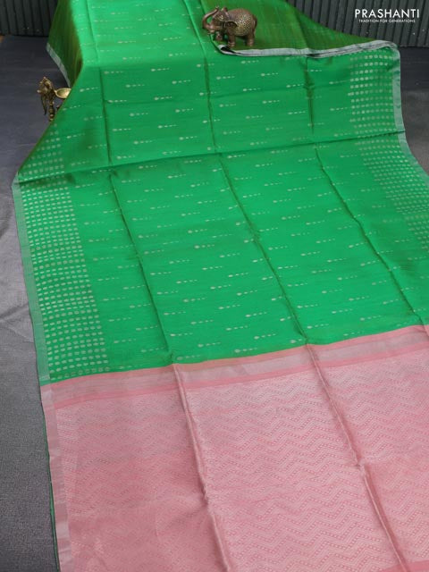 Pure raw silk saree green and pastel peach with allover silver zari woven buttas and silver zari woven border