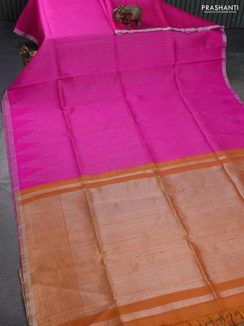 Pure raw silk saree pink and mustard yellow with allover silver zari weaves and zari woven border