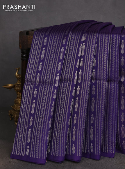 Pure raw silk saree dark blue and yellow with allover silver zari weaves in borderless style