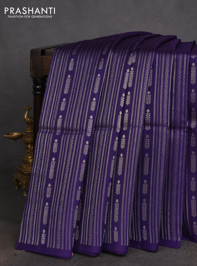 Pure raw silk saree dark blue and yellow with allover silver zari weaves in borderless style